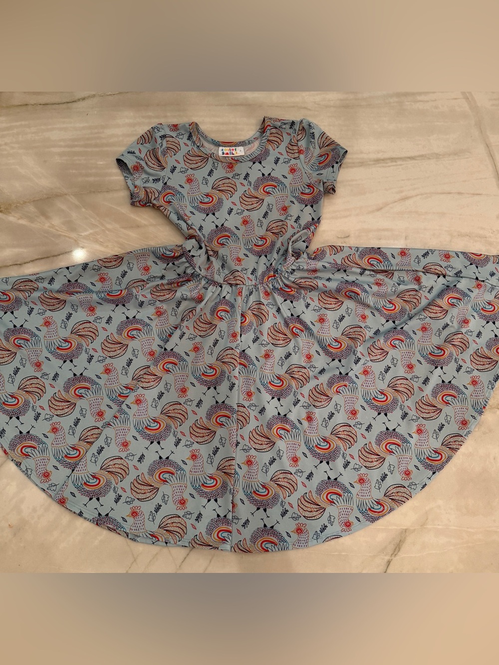Dot Dot Smile Twirl Dress 7- Blue Chickens Roosters